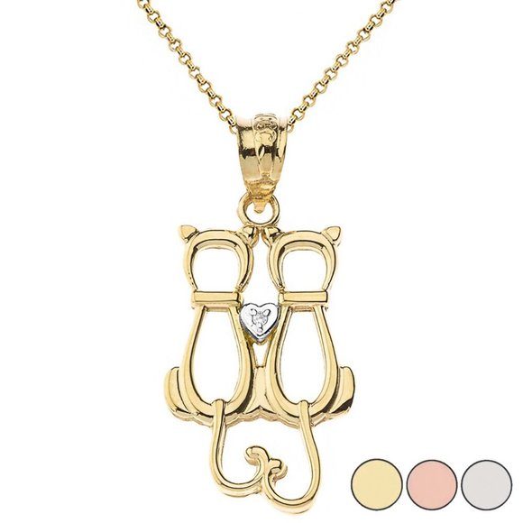 14K Solid Gold A Pair of Love Cats Heart Diamond Pendant Charm